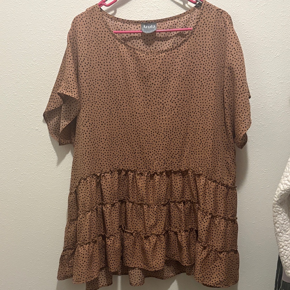 Arula Tan Polka Dot Ruffle Blouse
